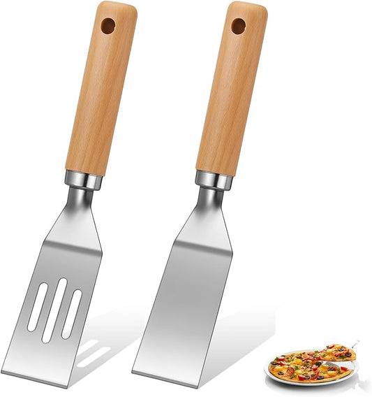 Patelai 2 Pack Small Spatula Mini Serving Brownie Spatula for Serving and Flipping Cooking Pancakes Desserts Cookie Eggs Lasagna (Solid,Slotted,Wooden Handle)