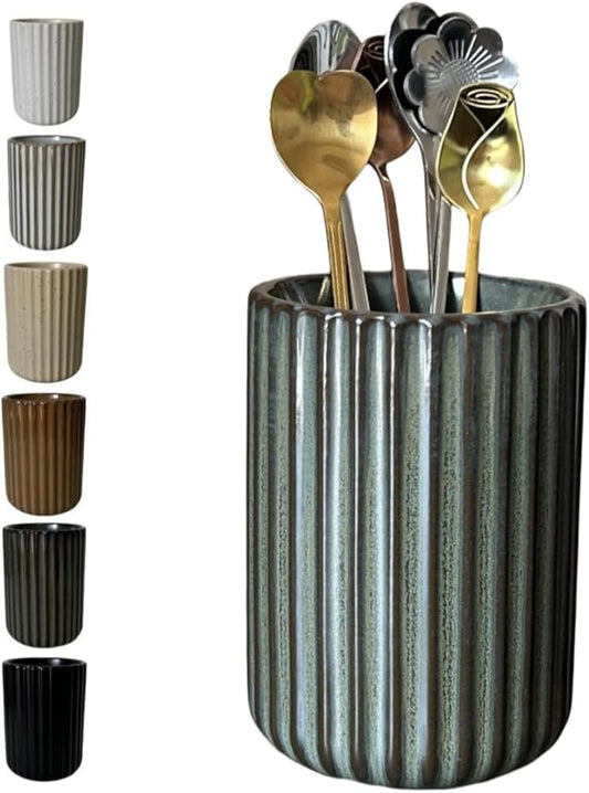TOPYOKK Stoneware Coffee Bar Utensil Holder Tea & Coffee Spoon & Stirrer Holder for Stir Stick Straw Teaspoon Holder Spoon Cup Small Utensil Jar Fluted Vertical Stripe (Bronze) by TOPYOKK