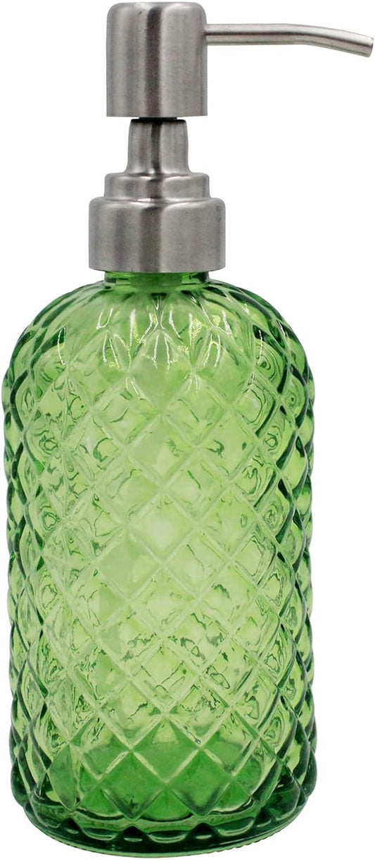 16 oz Diamond Pattern Glass Soap Dispenser, Kitchen and Bathroom Refillable Soap Dispenser with Rust Resistant Stainless Steel Pump for Hand Soap, Lotion Glass Liquid Dispenser(Green) by SDlumeiy