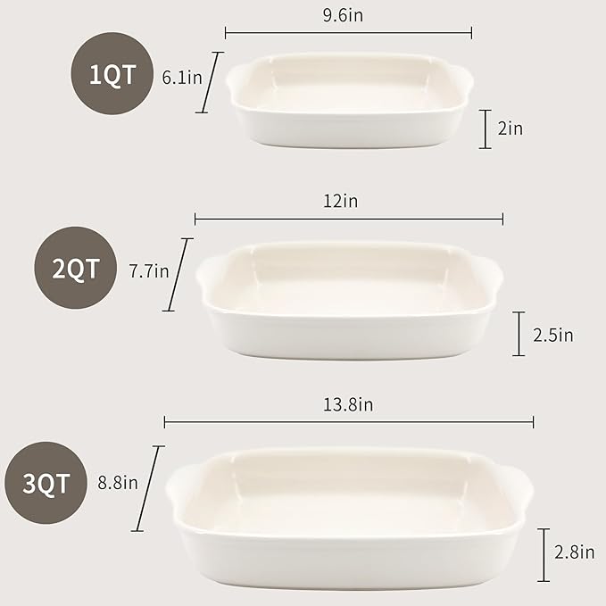 3-Pack Ceramic Baking Dishes Set,Heavy-Duty Oven-Safe Stoneware,Deep Rectangular Casserole Pans for Lasagna & Baking,High Heat Resistant,Handcrafted Glazed Finish (13.8''/12''/9.6'' Pure Off-White) - Image 3