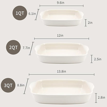 3-Pack Ceramic Baking Dishes Set,Heavy-Duty Oven-Safe Stoneware,Deep Rectangular Casserole Pans for Lasagna & Baking,High Heat Resistant,Handcrafted Glazed Finish (13.8''/12''/9.6'' Pure Off-White) - Image 3