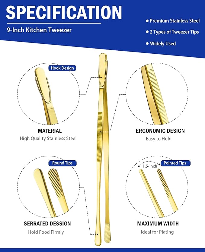 JETKONG 2 Pcs 9-Inch Cooking Tweezers Stainless Steel Food Tweezers Kitchen Tweezer Tongs (Gold) - Image 2