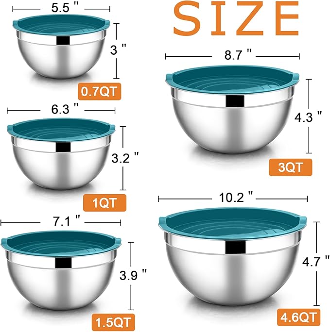 E-far Mixing Bowls with Teal Blue Lids Set of 5, Stainless Steel Mixing Bowls Metal Nesting Bowls with Airtight Covers for Cooking, Baking, Serving, Storage - Size 0.7/1/1.5/3/4.6QT - Dishwasher Safe - Image 7