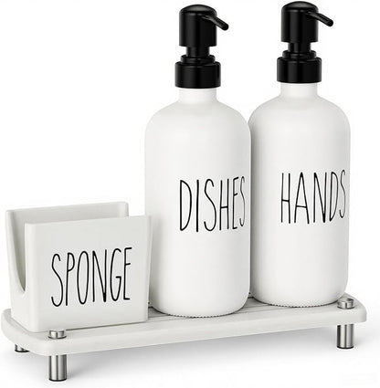 Cisily Kitchen Soap Dispenser Set Comes with Ceramics Sponge Holder, Gold Pumps, and Instant Dry Tray, Hand and Dish Soap Dispenser Set (4, Black + White + Sponge Holder) - Image 8