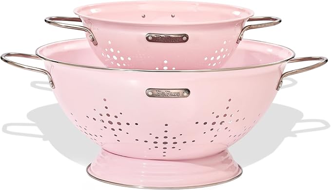 Metal Colander 2 Pack, Strainer Bowel with Handles 2Qt & 6Qt Powder Coated Solid Ring Base Heavey Duty Kitchen Drainer Basket for Pasta Veggies and Fruits,New Home Apartment Essentials (Pink) by Unknown