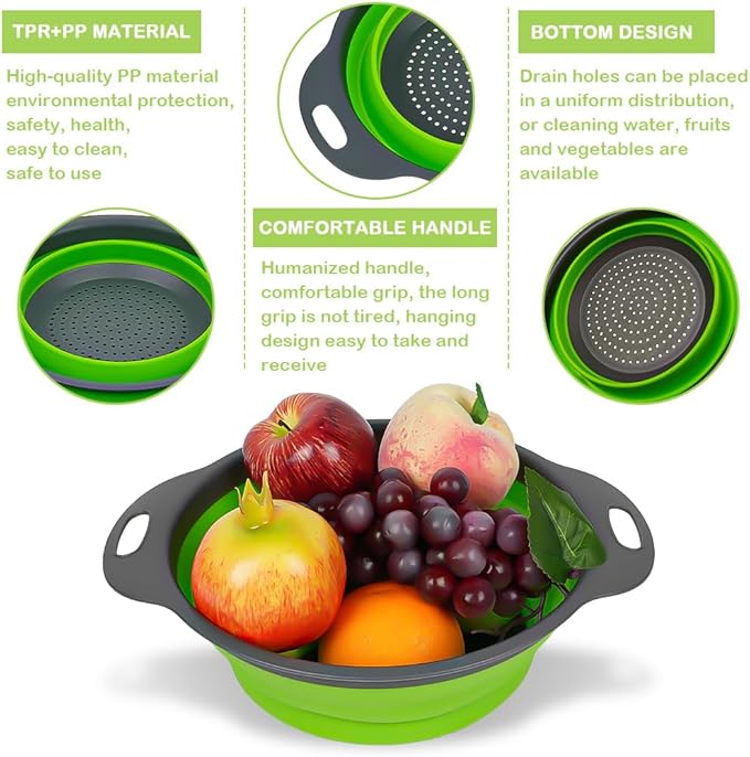 AUAUY 2 Pack Collapsible Colander Set, Round Silicone Folding Collapsible Strainers with Plastic Handles, Eco-Friendly Food Strainer for Kitchen Draining Pasta Vegetables Fruits-1 Large and 1 Small - Image 3