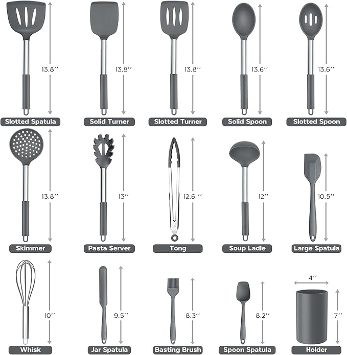 Onader Kitchen Cooking Utensils Set of 15, Silicone and Stainless Steel Utensils Spatula Set with Holder, Heat Resistant & Dishwasher Safe - Grey - Image 2