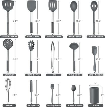 Onader Kitchen Cooking Utensils Set of 15, Silicone and Stainless Steel Utensils Spatula Set with Holder, Heat Resistant & Dishwasher Safe - Grey - Image 2