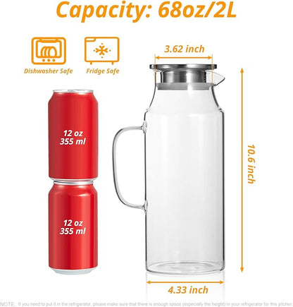 2 Liter 68 oz Glass Pitcher with Lid and Handle, Glass Carafe for Fridge, Water Pitcher for Hot/Cold Water, Large Jug for Iced Tea, Coffee, Juice and Homemade Beverage
