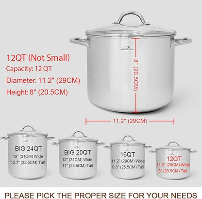 HOMICHEF 12 Quart LARGE Stock Pot with Glass Lid - NICKEL FREE Stainless Steel Healthy Cookware Stockpots with Lids 12 Quart - Mirror Polished Induction Pot - Commercial Grade Soup Cooking Pot - Image 4