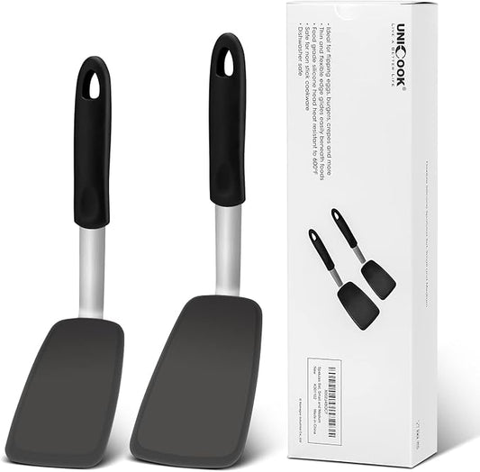 Unicook Flexible Silicone Spatula Turner 2 Pack, 600°F Heat Resistant Spatula for Nonstick Cookware, Essential Kitchen Cooking Utensil for Flipping Eggs, Burgers, Crepes and More, Small and Medium by UNICOOK