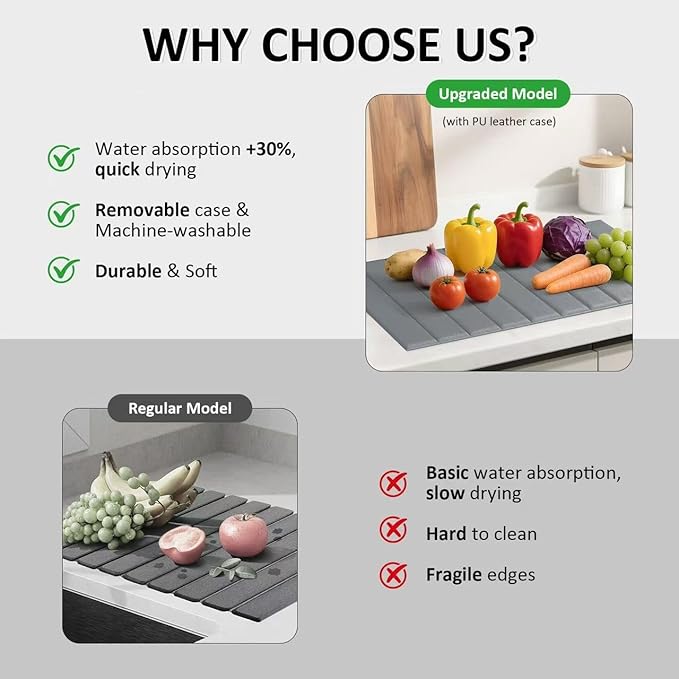 Large Stone Dish Drying Mat for Kitchen Counter 24x16 Inch - Super Absorbent Quick Dry Diatomaceous Earth with PU Leather, Foldable Space Saving Stone Bath Mats for bathroom - Image 8