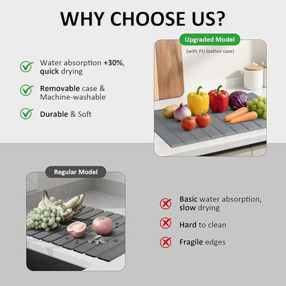 Large Stone Dish Drying Mat for Kitchen Counter 24x16 Inch - Super Absorbent Quick Dry Diatomaceous Earth with PU Leather, Foldable Space Saving Stone Bath Mats for bathroom - Image 8