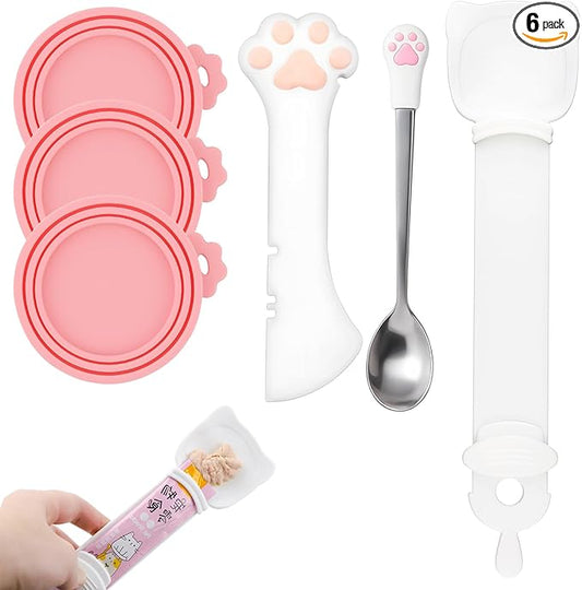 6 PCS Cat Food Can Covers Set, Reusable Silicone Can Lids with Opener, Stainless Steel Wet Food Spoon & Cat Treat Squeezer for Pet Feeding and Storage, Fits Cats & Dogs