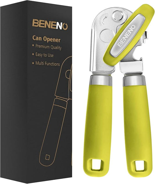 Beneno Heavy Duty Hand Can Opener Manual with Magnet, Durable Sharp Carbon Steel Blade Smooth Cutting, Big Effort-Saving Knob & Soft Grip Handle, Multifunctional Bottle Opener, Lime Green by Beneno