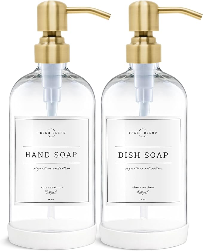 Vine Creations Clear Glass Soap Dispenser, 2 Pack Kitchen Soap Dispenser Set with Stainless Steel Pump, 16 oz Dish Soap and Hand Soap Dispensers for Bathroom with Waterproof Labels by VineCreations