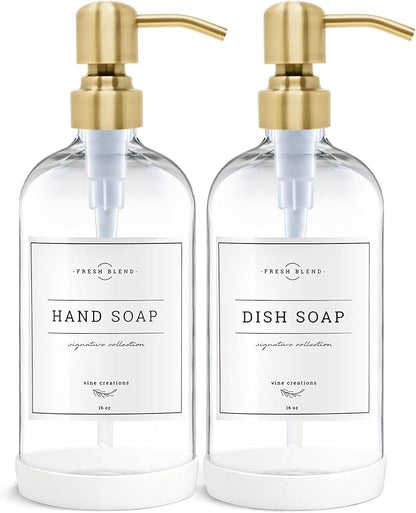 Vine Creations Clear Glass Soap Dispenser, 2 Pack Kitchen Soap Dispenser Set with Stainless Steel Pump, 16 oz Dish Soap and Hand Soap Dispensers for Bathroom with Waterproof Labels by VineCreations