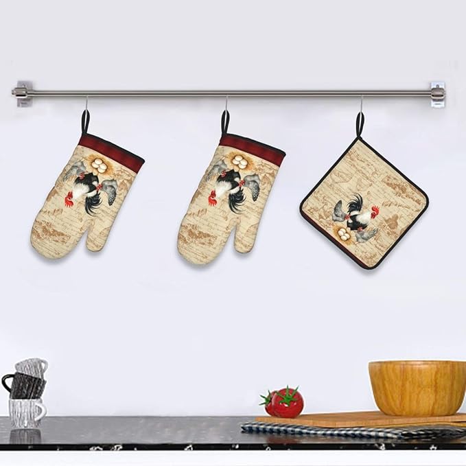Rooster Chichen Oven Mitts and Pot Holders Sets,Cute Hot Pads Baking Gloves,Vintage Kitchen Mitts for Oven,Chichen Gifts & Baking Gifts for Women
