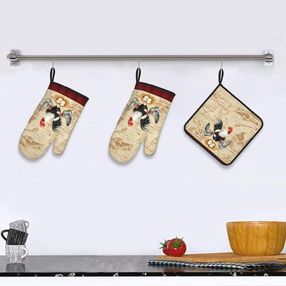 Rooster Chichen Oven Mitts and Pot Holders Sets,Cute Hot Pads Baking Gloves,Vintage Kitchen Mitts for Oven,Chichen Gifts & Baking Gifts for Women