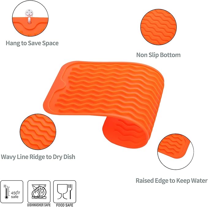 MicoYang Silicone Dish Drying Mat for Multiple Usage,Easy clean,Eco-friendly,Heat-resistant Silicone Mat for Kitchen Counter or Sink,Refrigerator or Drawer Liner Orange S 12 inches x 6 inches - Image 4
