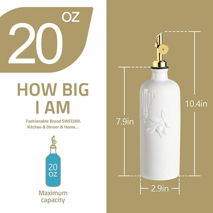 Sweejar Ceramic Olive Oil Dispenser Bottle for Kitchen Counter, 20 oz Oil Dispenser with Gold Spout, Avocado Oil Cruet for EVOO, Vinegar, Oil Container for Cooking, Pack of 1 (White)