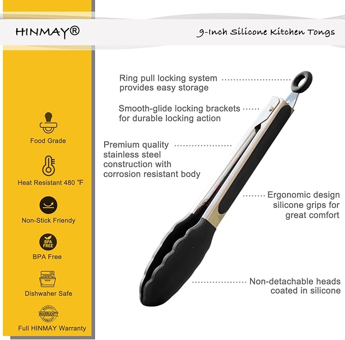 HINMAY Serving Tongs 9-Inch Cooking Tongs with Silicone Tips, Set of 3 (Black) - Image 2