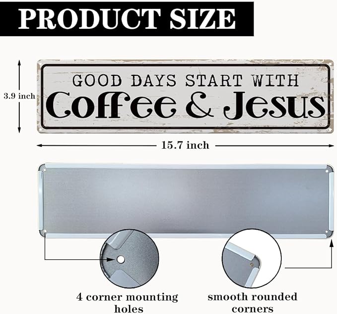 Coffee Signs for Coffees Station Decor, Good Days Start with Coffee & Jesus, Vintage Metal Tin Sign for Home Kitchen Garage Cafe Decor, Coffees Lover Gifts, Decorative Metal Wall Signs 15.8x4 Inches - Image 2