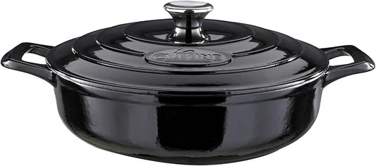 La Cuisine Enameled Cast Iron Braiser Sauté Pan Shallow Casserole with lid, 3.75 Quart 11" Dia. Matt Black Enamel Coating Interior, Glossy Black Exterior, Oven Safe, Induction Cooktop Compatible