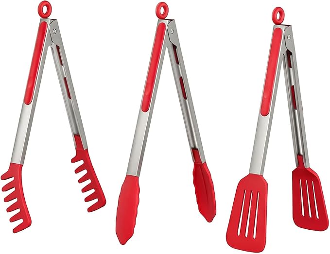 HST Tongs for Cooking with Silicone Tips(3 Pack), Non Stick Kitchen Tongs with Silicone Tip for Cooking BBQ Baking (12", Red) by HST