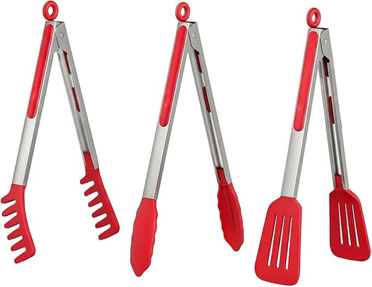 HST Tongs for Cooking with Silicone Tips(3 Pack), Non Stick Kitchen Tongs with Silicone Tip for Cooking BBQ Baking (12", Red) by HST