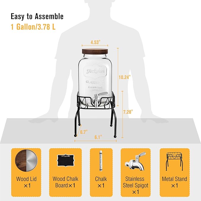 Mustry Glass Drink Dispenser for Parties, 1 Gallon Beverage Dispenser with Stand and Spigot Solid Stainless Steel, Used as Lemonade Dispenser Sun Tea Jar Kombucha Jar - Image 2