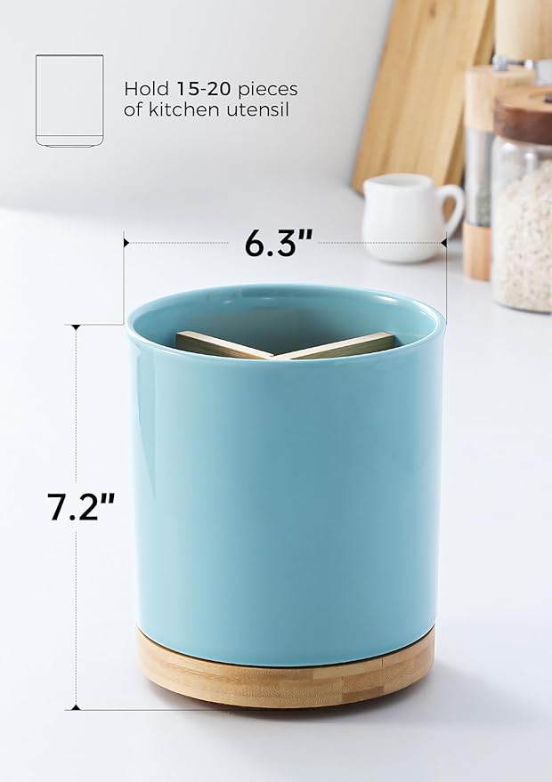 LoeJan 3 Compartment Utensil Holder, Extra Large Utensil Crock, Stable Ceramic Utensil Organizer, Cooking Tool Organizer Set for Kitchen Counter Farmhouse Decor, Turquoise - Image 2