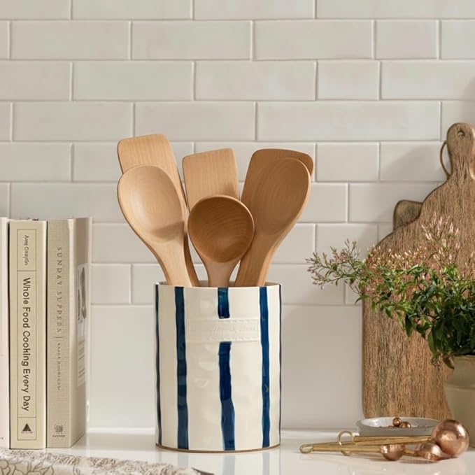 JIEMEI HOME Kitchen Utensil Holder, 7.2" Ceramic Stable Utensil Crock for Countertop, Modern Minimalism Style Cooking Tool Organizer with Cork Mat, Spatula Holder For Kitchen Decor, Blue stripes - Image 8