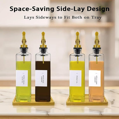 Olive Oil Dispenser Bottle for Kitchen with Bamboo Tray- Glass Oil & Vinegar Dispenser Set 16.9oz, Olive Oil Cruet, Elegant Kitchen Gift for Home Cooks(Clear, Set of 2) - Image 2