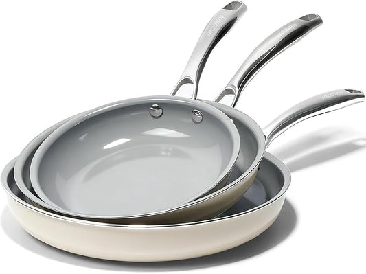 Kikcoin Non Stick Frying Pans, 3 Pack Ceramic Frying Pan for Cooking, 8+9.5+11 Inch Omelette Pans Set with Stay Cool Handle, Induction Ready, Free of PFAS PFOA PTFE, Oven/Dishwasher Safe by Kikcoin