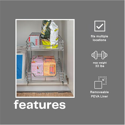 Household Essentials Glidez Chrome-Plated Steel Pull-Out/Slide-Out Storage Organizer with Plastic Liners for Under Cabinet Use - 2-Tier Design - Fits Standard Size Cabinet or Shelf, Chrome