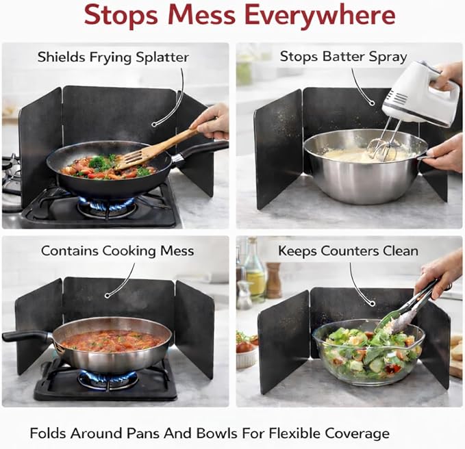 HIC Kitchen 3-Sided Splatter Guard, Non-Stick Carbon Steel, Heat Safe, Folds Flat For Storage, Fits Up To 10.5-Inch Pans And Bowls - Image 4