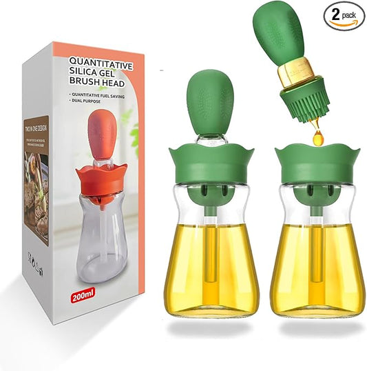 Oil Dispenser with Brush-2Pack 7oz/200ML 2 IN 1 Glass Cooking Oil Dispenser Bottle with Silicone Basting Brush for Kitchen, Oil Storage and Container for Cooking BBQ, Vinegar, Sauce, Air Fryer - Green