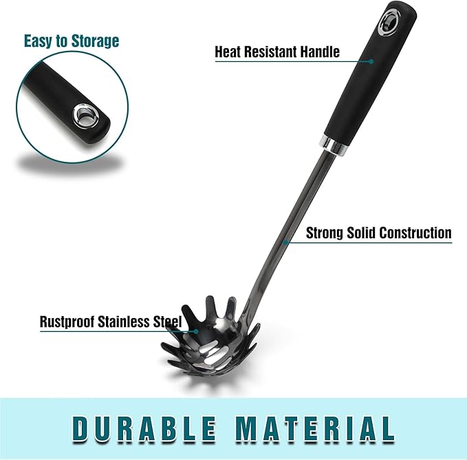 Stainless Steel Spaghetti Spoon, 13 Inch Pasta Server with Toothed Head and Comfortable Grip, Metal Pasta Fork for Serving Spaghetti, Linguine, Noodles, Ravioli and More, Black