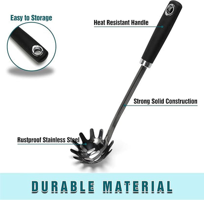 Stainless Steel Spaghetti Spoon, 13 Inch Pasta Server with Toothed Head and Comfortable Grip, Metal Pasta Fork for Serving Spaghetti, Linguine, Noodles, Ravioli and More, Black