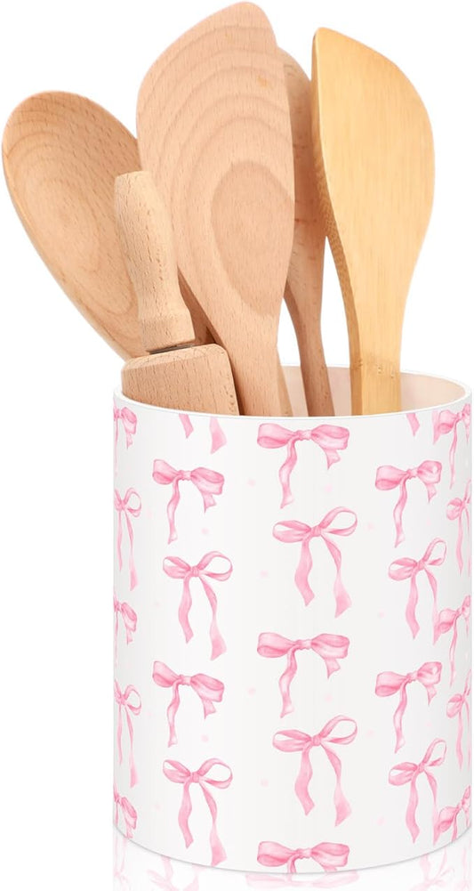 WILLBOND Pink Bow Utensil Holder Coquette Acrylic Kitchen Decor Cooking Utensil Crock Preppy Storage Caddy Organizer Vase Decor for Kitchen Countertop Spoon Holder Jar Housewarming Gift