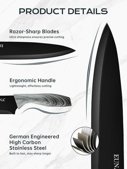EUNA Knife Block Set, 19 PCS Kitchen Knife Set with Acrylic Block and Sharpener, German High-Carbon Stainless Steel Knife Sets with 6 Serrated Steak Knives, Bread Knife, Chef Knife, Dishwasher Safe