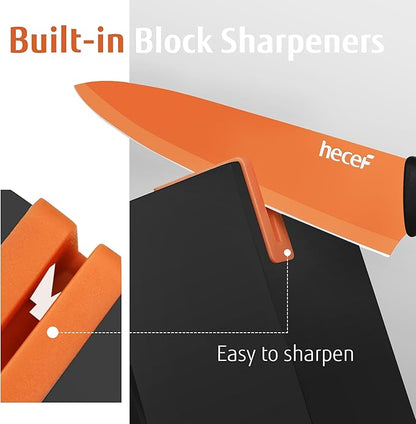 hecef 14 Pieces Kitchen Knife Set with Built-in Sharpening Wooden Block, Dishwasher Safe, High Carbon Stainless Steel Knife Block Set with Steak Knives, Kitchen Scissors (Orange)