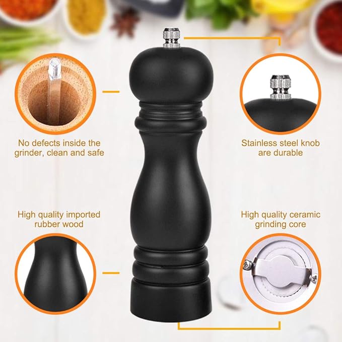 Premium Salt and Pepper Grinder Set of 2, Wood Salt and Pepper Shakers with Ceramic Core, Refillable Manual Sea Salt Pepper Mill Adjustable Coarseness for Spice/Chili/Sesame, 6.5 Inch (Black+White)