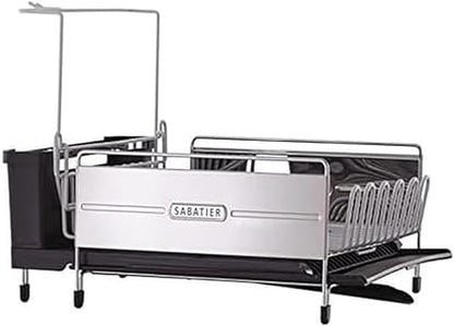 Sabatier Expandable Stainless Steel Dish Rack with Rust-Resistant Soft Coated Wires and Bi-Directional Spout, with Utensil Caddy and Removable Stemware Holder
