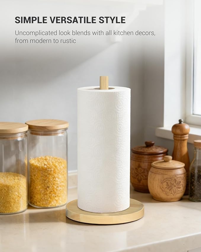 NESAPTO Paper Towel Holder Countertop, Wooden Freestanding Paper Towel Stand for Modern Farmhouse & Cottagecore Decor, Kitchen Bathroom Essential, Natural Color - Image 2