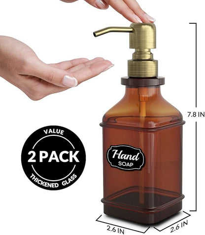 LMQML Soap Dispenser - 2 Pack, Antique Design Thick Amber Glass Hand Soap Dispensers with Sturdy Tray; 304 Rust Proof Stainless Steel Black Pump, 12Pcs Stickers, for Kitchen, Bathroom - Brushed Gold - Image 3