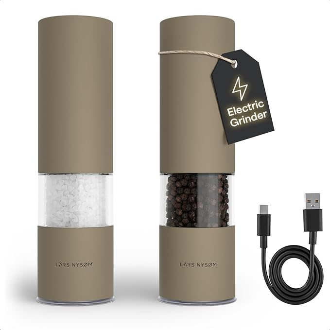 LARS NYSØM Electric Salt and Pepper Grinder Set I Automatic Salt and Pepper Mills with Adjustable Ceramic Grinder I USB Rechargeable Electric Spice Mill Set with LED Light (Taupe Brown) by LN