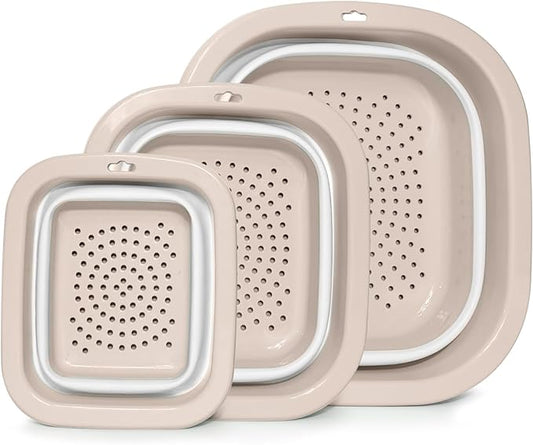 3 Sets 2 in 1 Collapsible Colander and Sink Basin - Collapsible Strainer with Collapsible Wash Basin for Kitchen, RV Camping, Foldable Fruit Vegetable Washing Basket, 2QT 4QT 8QT, Pink