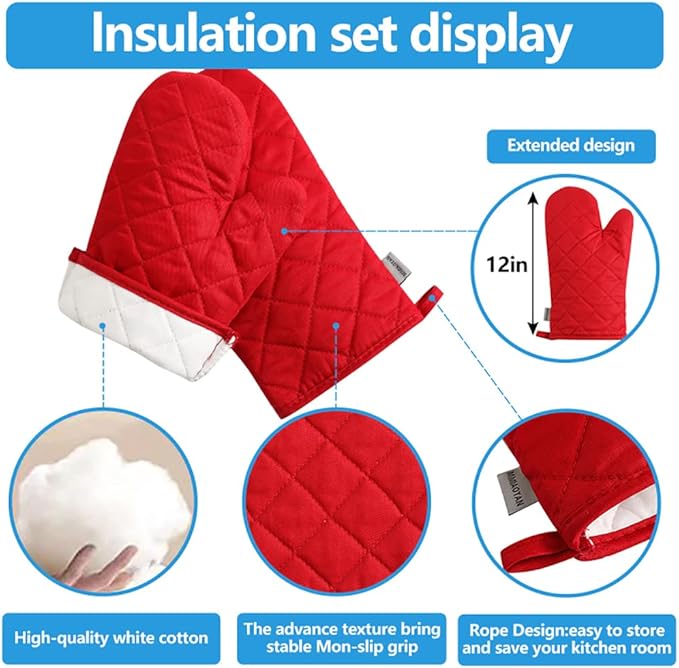 Oven Mitts and Pot Holders 4 pcs Set,High Heat Resistant 500 Degree Extra Thicken Long Kitchen Cotton Oven Glove for Cooking (12 Inch,Red) - Image 2